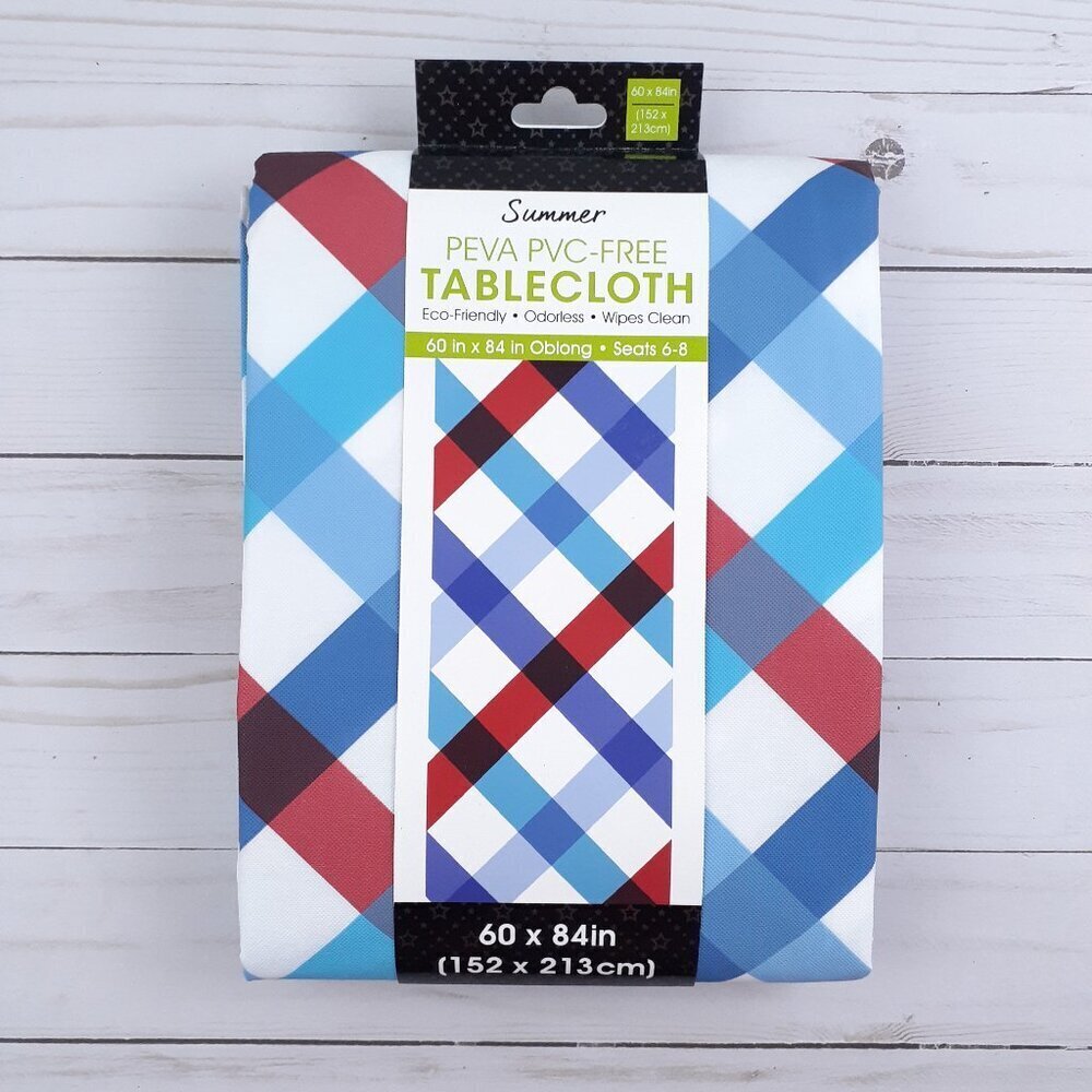Vinyl Tablecloth Red White Blue Plaid 60x84 Picnic Party Camping